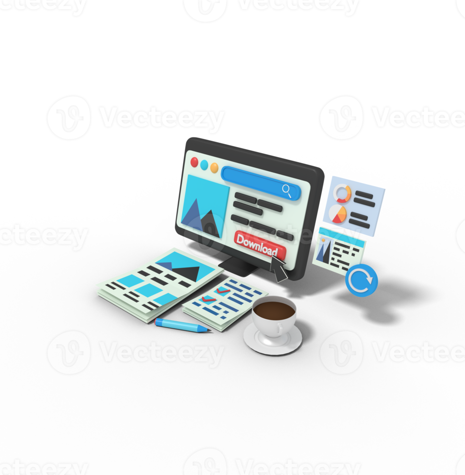 3d Illustration of website download picture developer on computer png