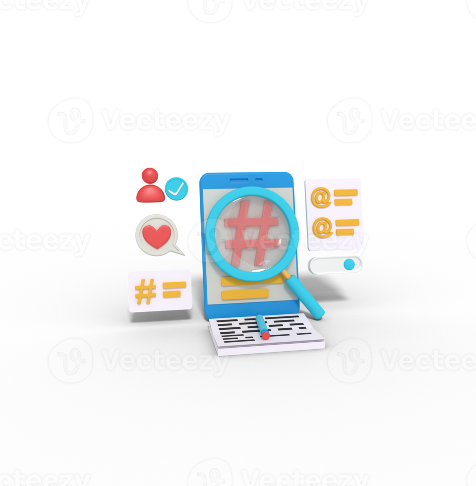 3d illustration Searching for hashtags on smartphone png