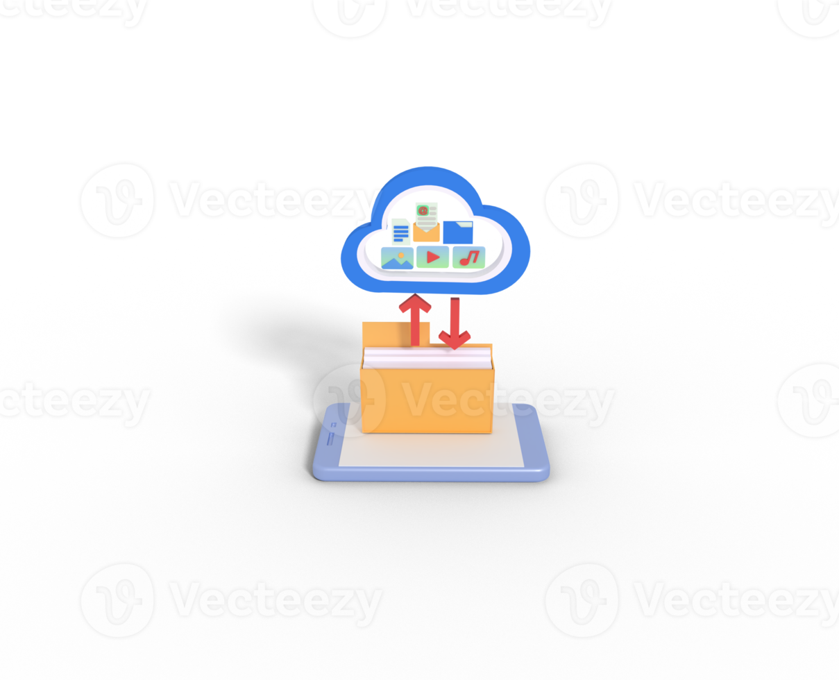 3D-Darstellung der Dateiübertragung zum Cloud-Speicher png