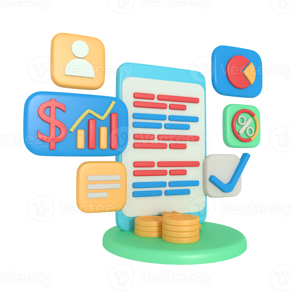 aplicativo de relatório de negócios de tela de telefone de renderização 3d png