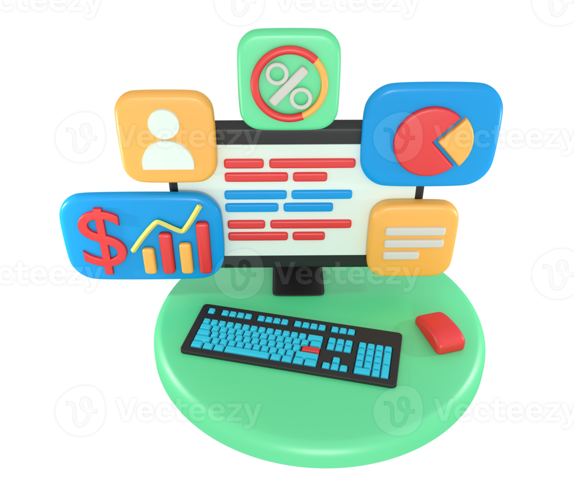 aplicativo de relatório de negócios de tela de computador de renderização 3d png