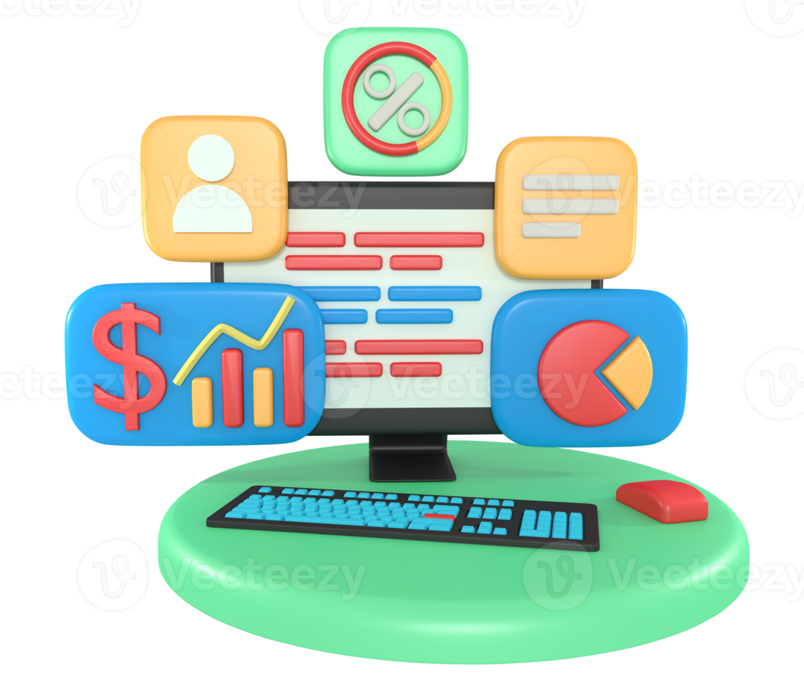 aplicativo de relatório de negócios de tela de computador de renderização 3d png