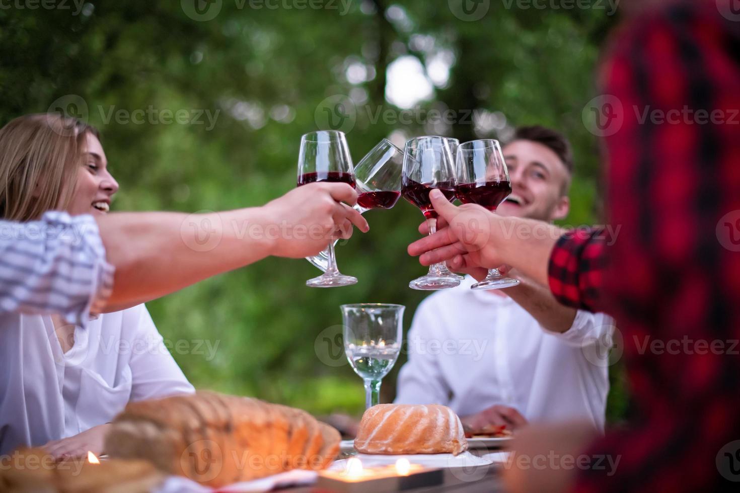 happy friends toasting red wine glass during french dinner party outdoor photo