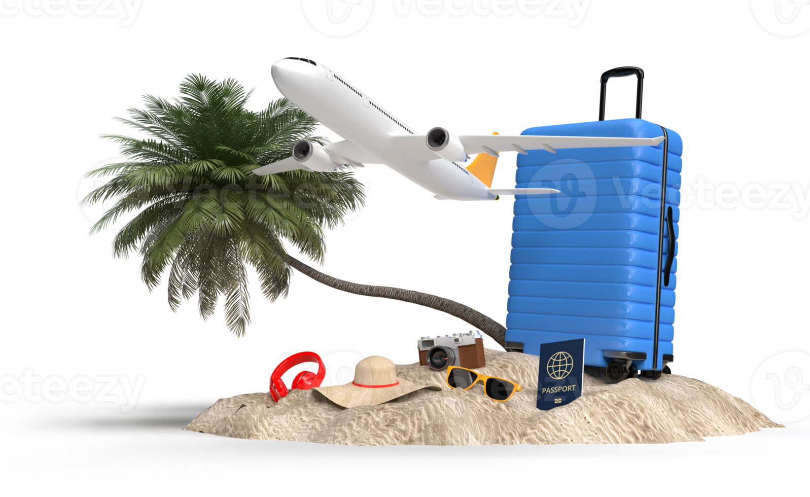 Koffer mit Flugzeug- und Reisezubehör, wichtige Urlaubsartikel. Abenteuer- und Reiseurlaubsreise. reisende Konzeptdesign-Banner-Mockup-Vorlage. 3D-Rendering png
