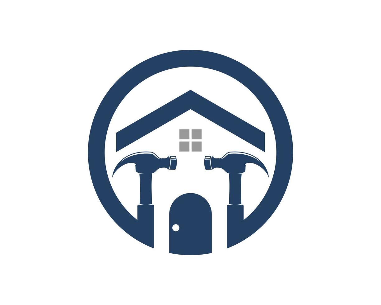 Circle shape with simple house and hammer inside vector