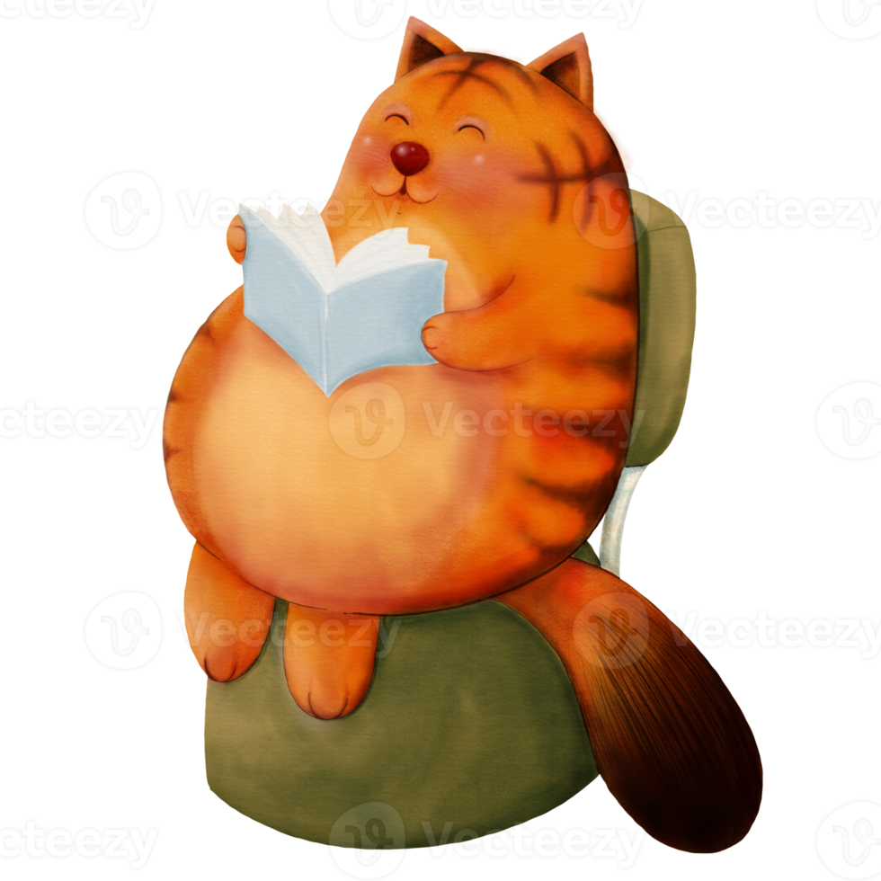 schattig kat met tijger strepen zittend en lezing een boek in illustratie van waterverf stijl png