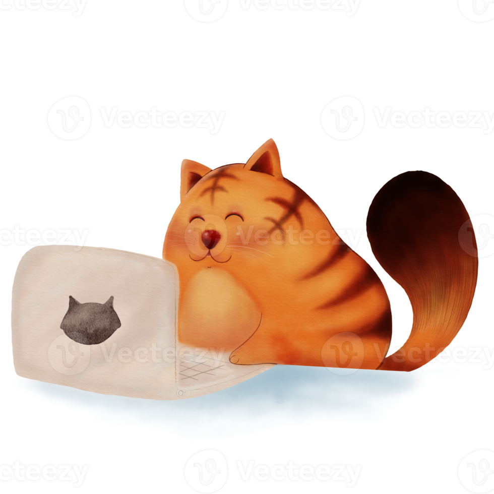 Cute Cat with Tiger stripes Playing Computer in Illustration of Watercolor Style png