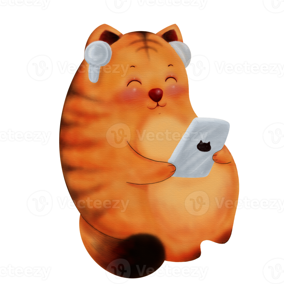 schattig kat met tijger strepen spelen Aan smartphone in illustratie van waterverf stijl png