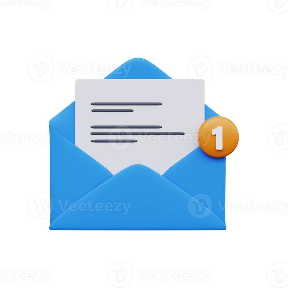 Open mail envelope with notice. One Message. 3d render png