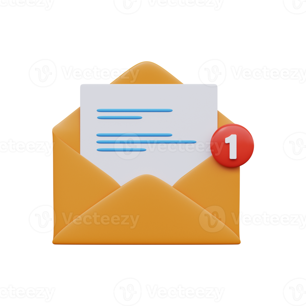 Open mail envelope with notice. One Message. 3d render png