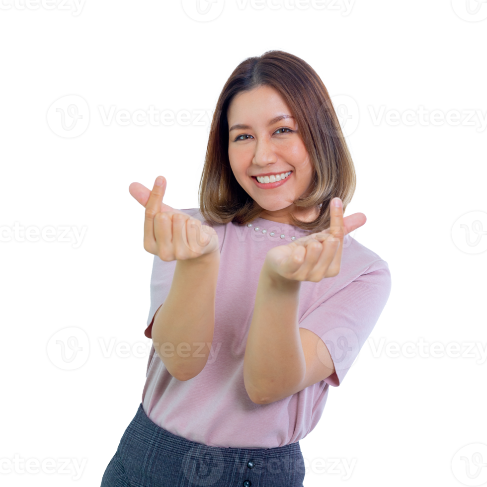 Young Asian woman showing mini heart sign isolated, love and happiness concept png