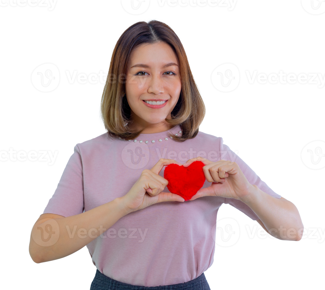 Young Asian woman holding red heart isolated background png