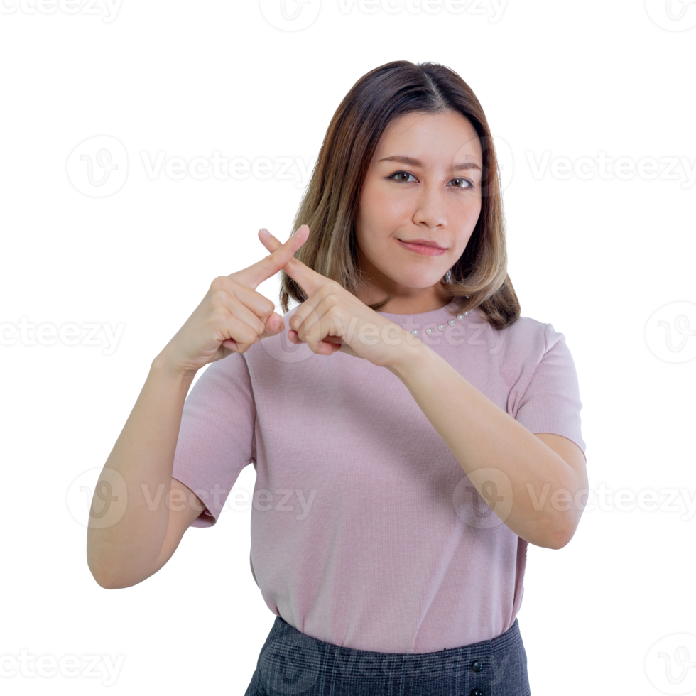 Asian woman showing stop, cross prohibition sign with hands. png