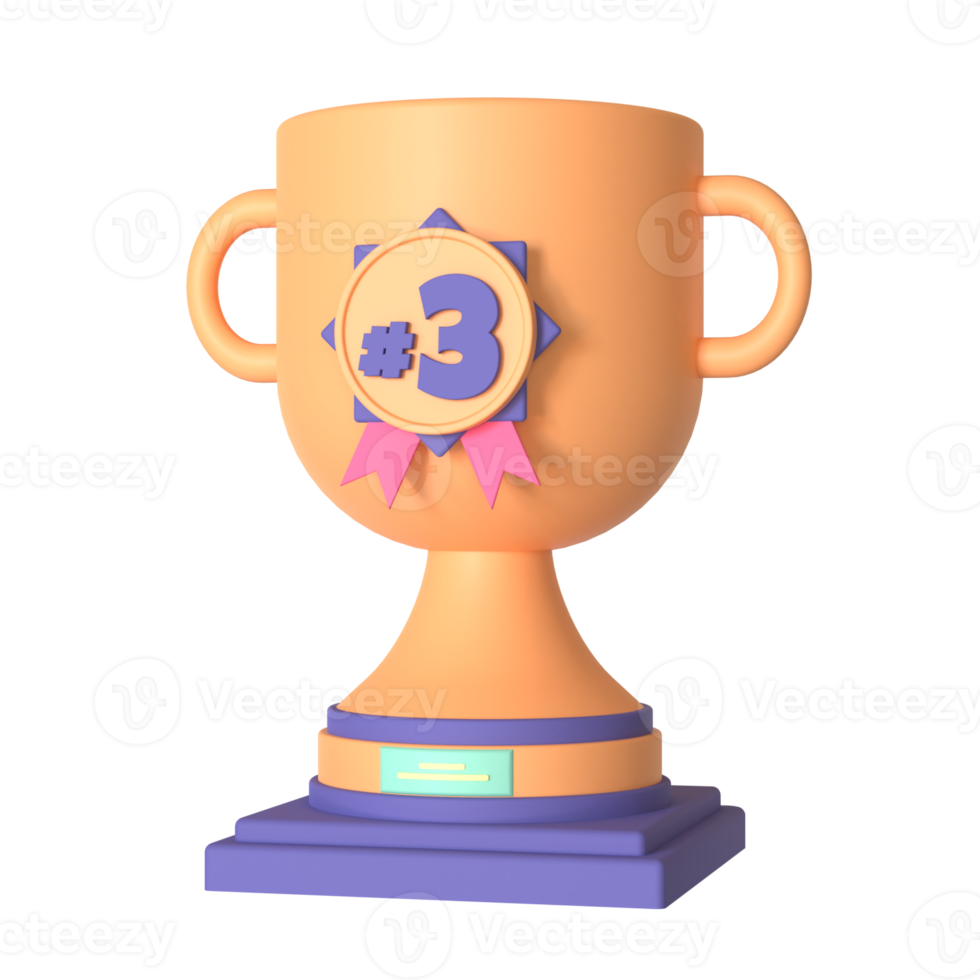 Trophy and third medal 3D rendering isolated on transparent background. Ui UX icon design web and app trend png