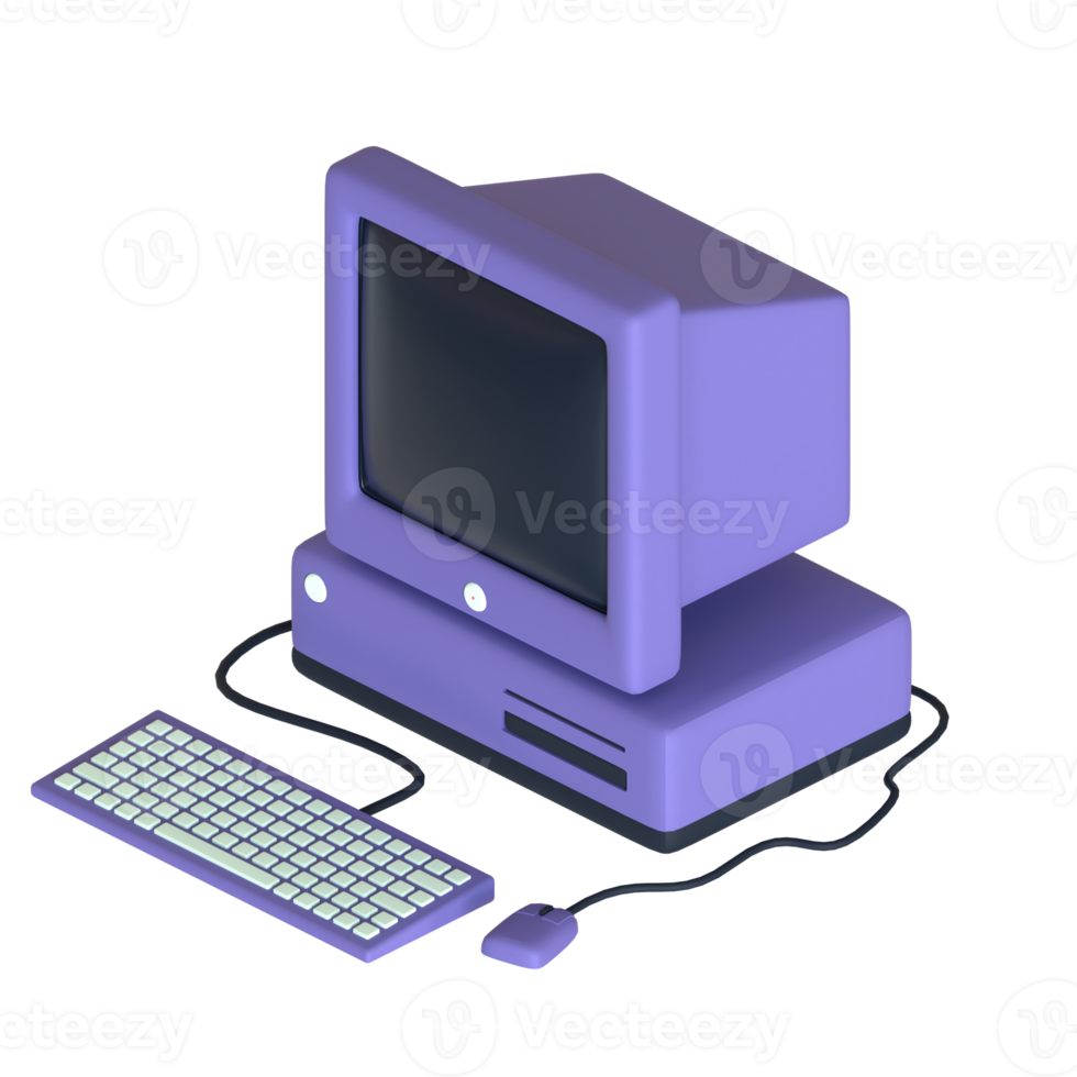 Retro desktop computer 3D rendering isolated on transparent background. Ui UX icon design web and app trend png