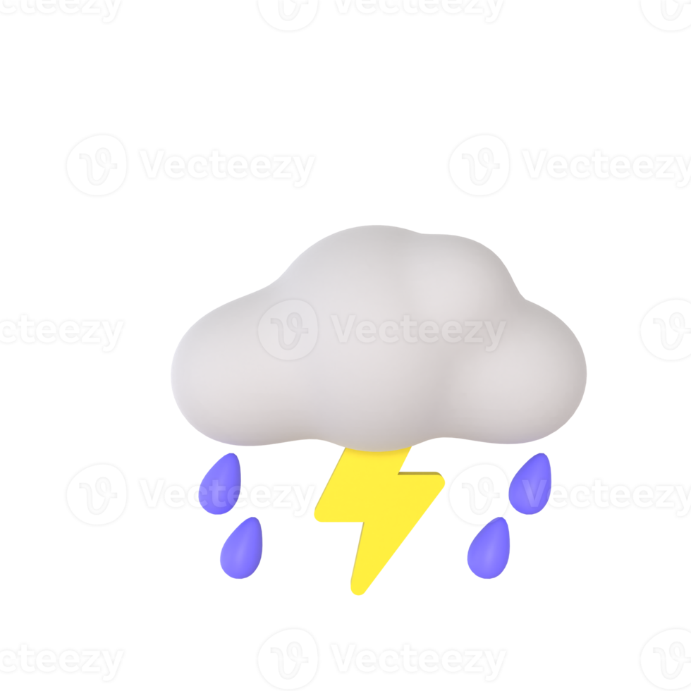 Rainy and thunderstorm 3D rendering isolated on transparent background. Ui UX icon design web and app trend png