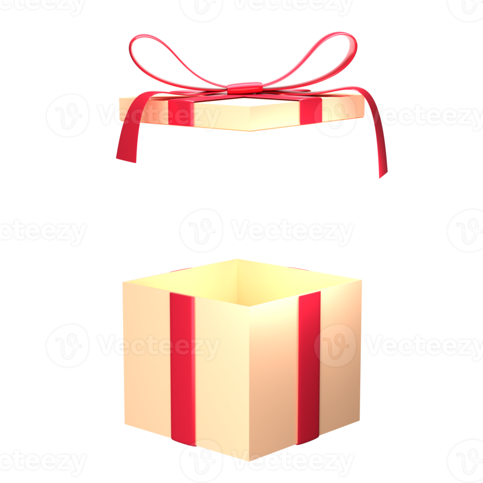 Yellow gift box open with ribbon. 3d render modern holiday surprise box. png