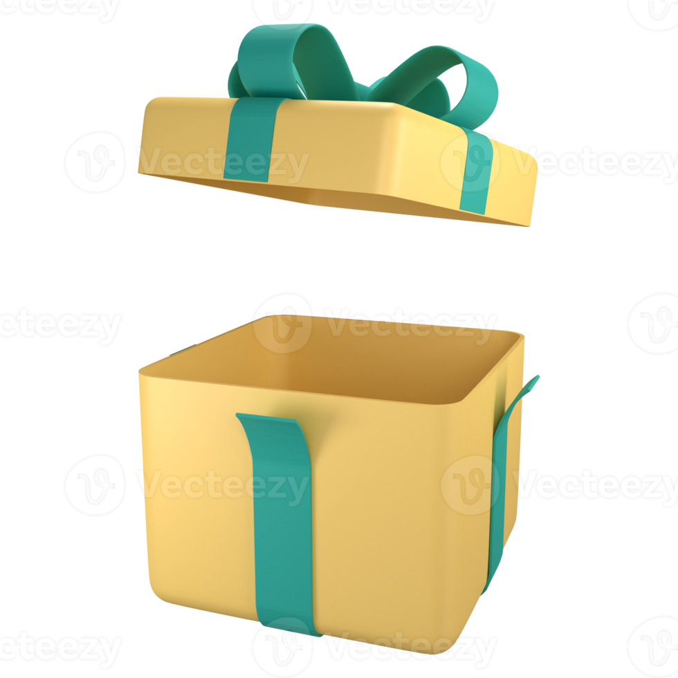 Yellow gift box open with ribbon. 3d render modern holiday surprise box. png