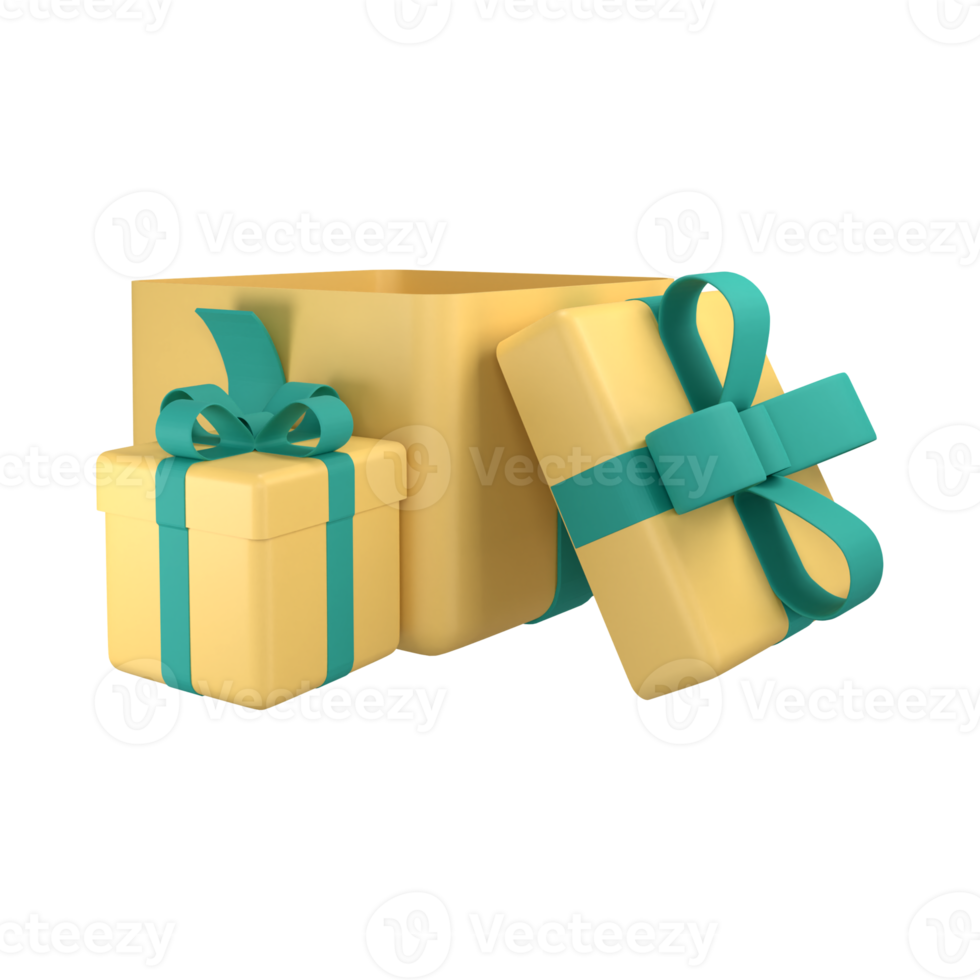 Yellow gift boxes open and closed with ribbon. 3d render modern holiday surprise box. png