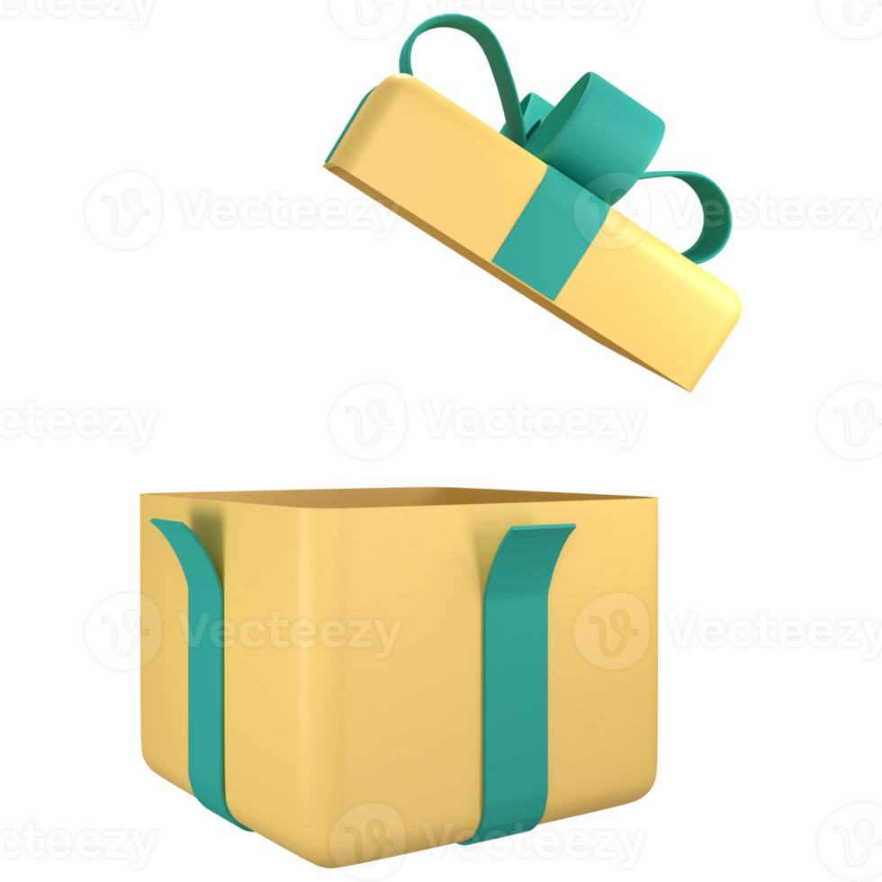 Yellow gift box open with ribbon. 3d render modern holiday surprise box. png