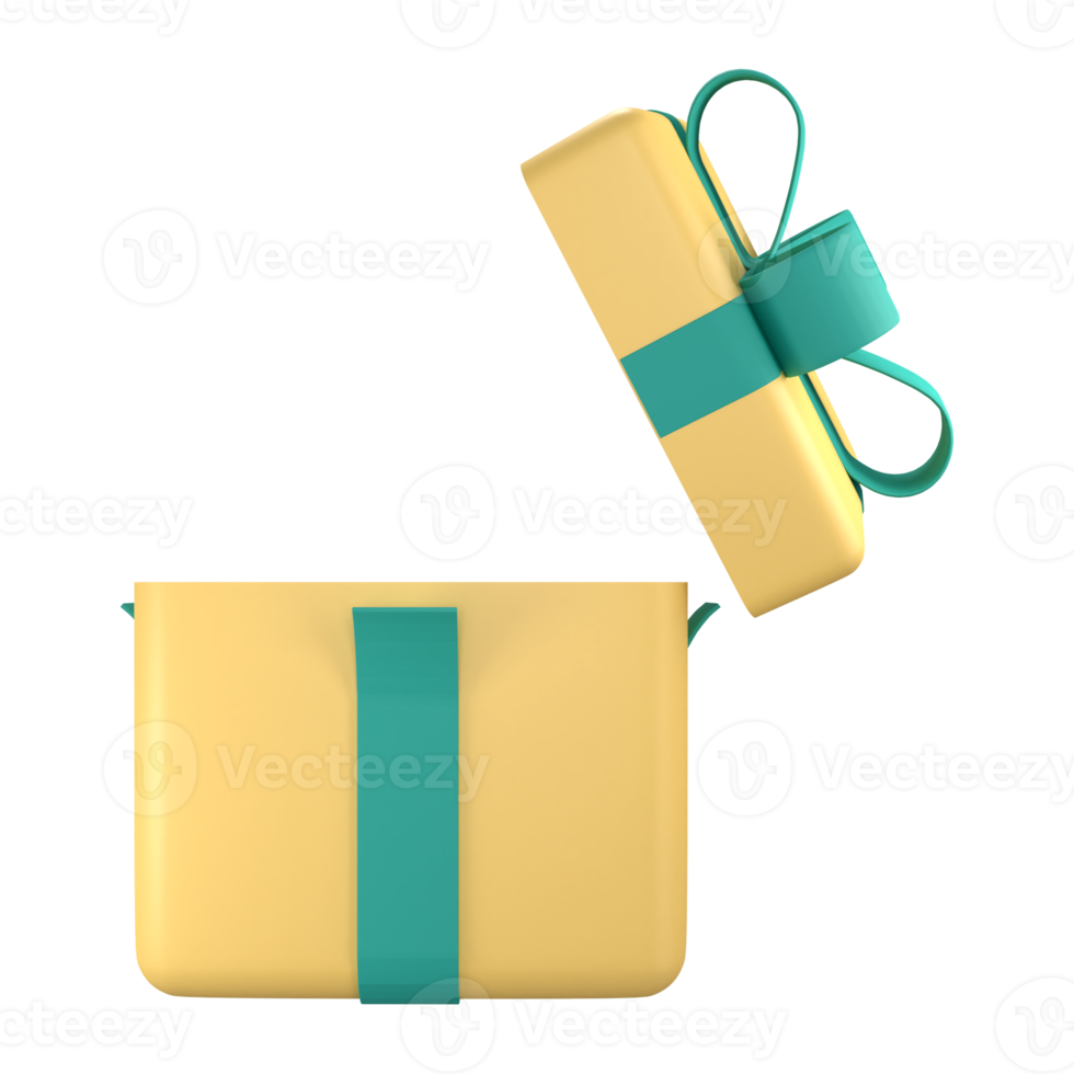 Yellow gift box open with ribbon. 3d render modern holiday surprise box. png