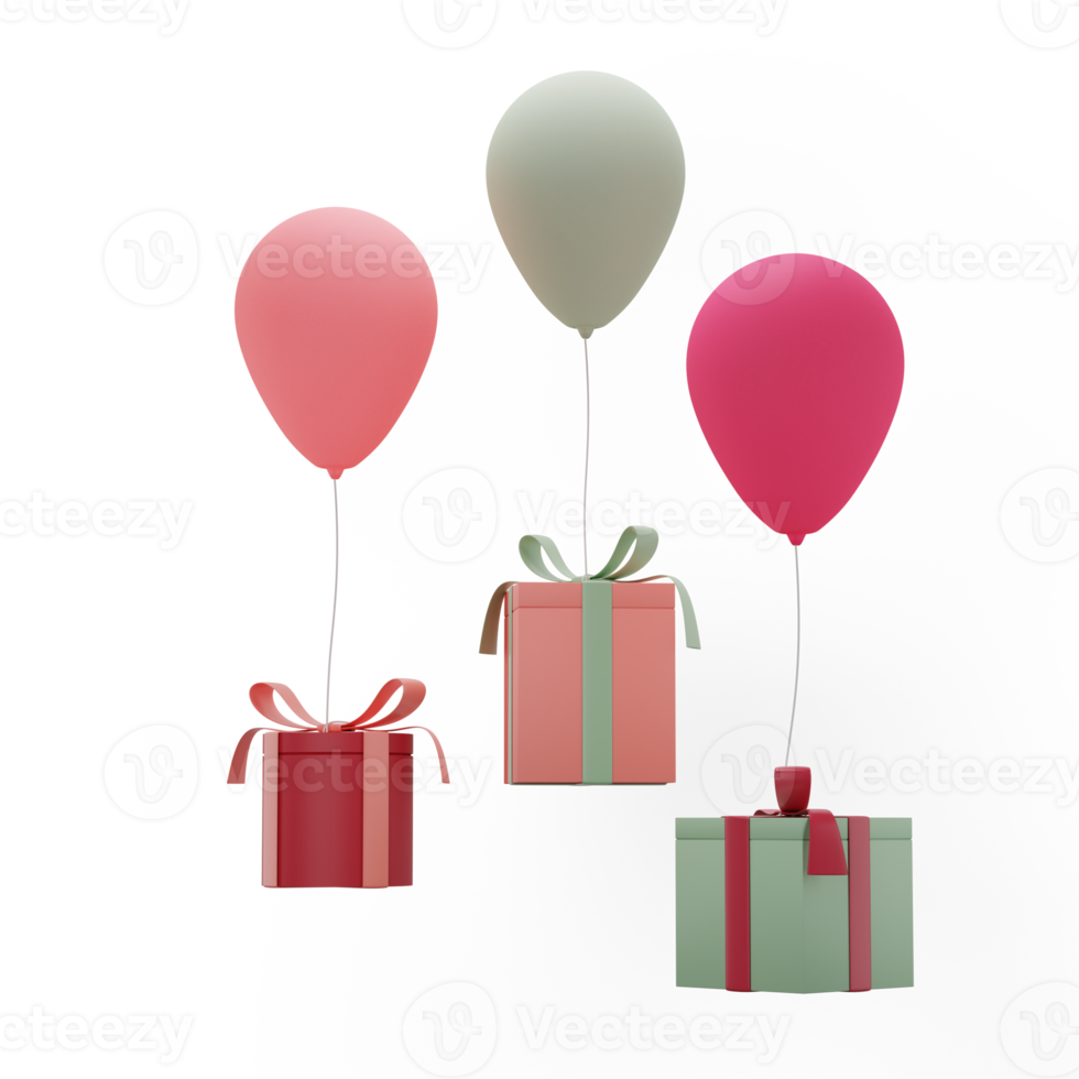 Gift boxes closed with ribbon and balloon. 3d render modern holiday surprise box png