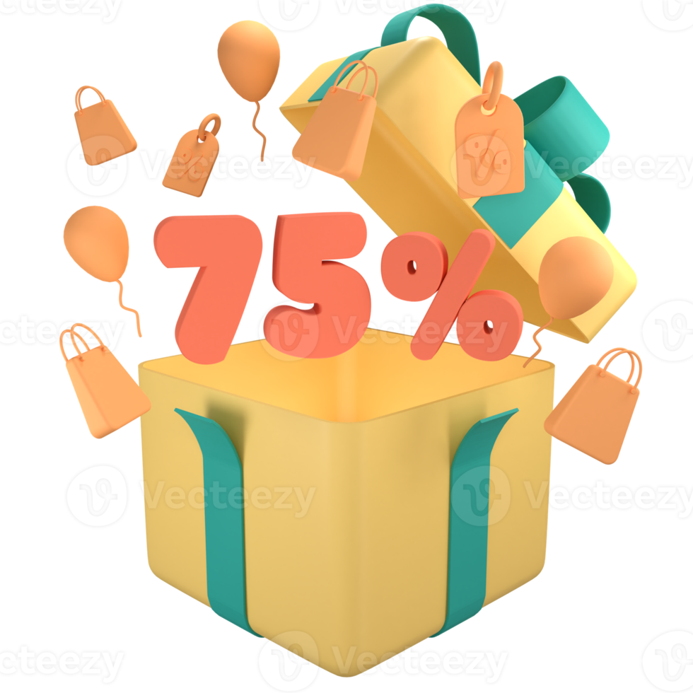 Open gift box with orange 75 percent off discount promotion sale. 3D 5 number with shopping bag, price tag, fly balloon png