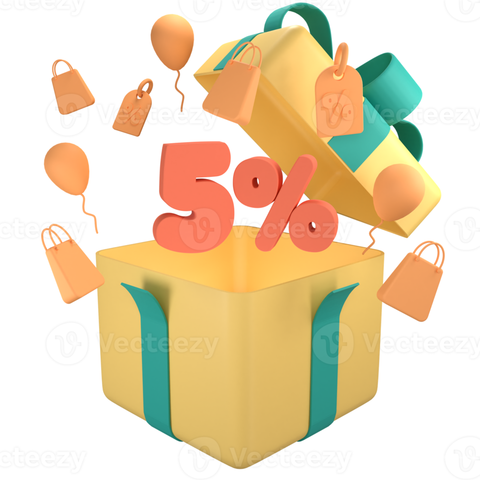 Open gift box with orange 5 percent off discount promotion sale. 3D 5 number with shopping bag, price tag, fly balloon png