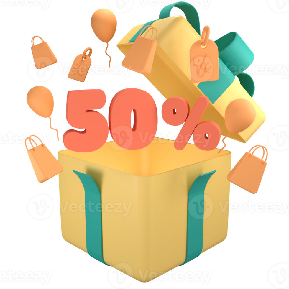 Open gift box with orange 50 percent off discount promotion sale. 3D 5 number with shopping bag, price tag, fly balloon png