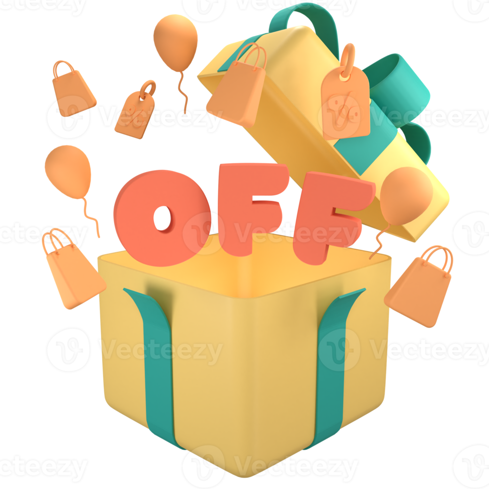 Open gift box with orange off text. 3D rendering with shopping bag, price tag, fly balloon png