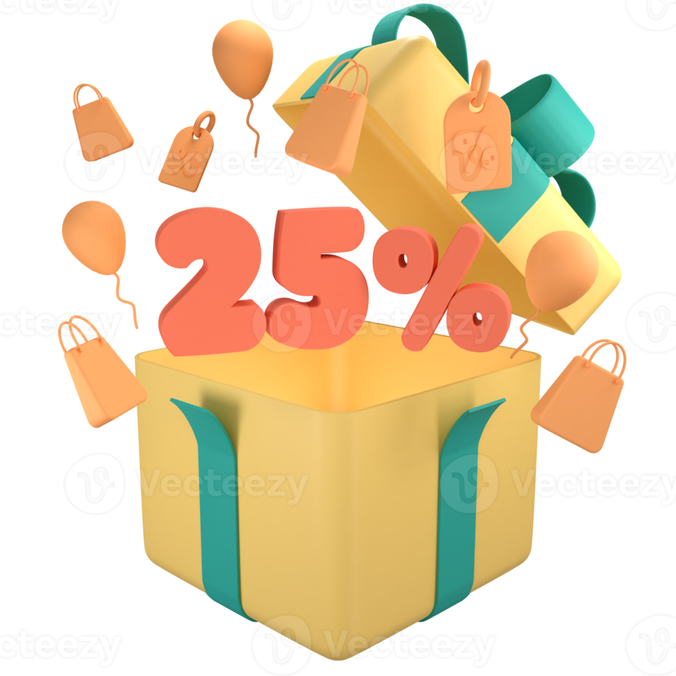 Open gift box with orange 25 percent off discount promotion sale. 3D 5 number with shopping bag, price tag, fly balloon png