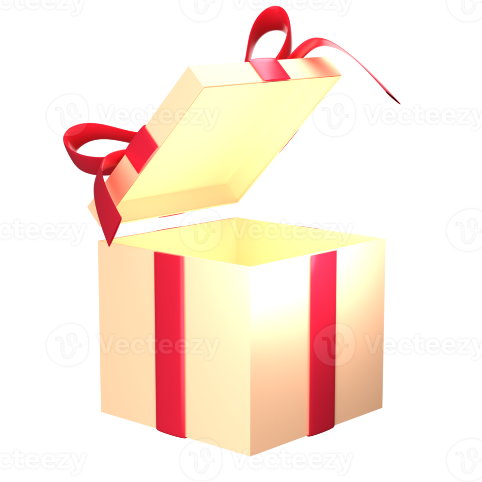 Yellow gift box open with ribbon. 3d render modern holiday surprise box. png