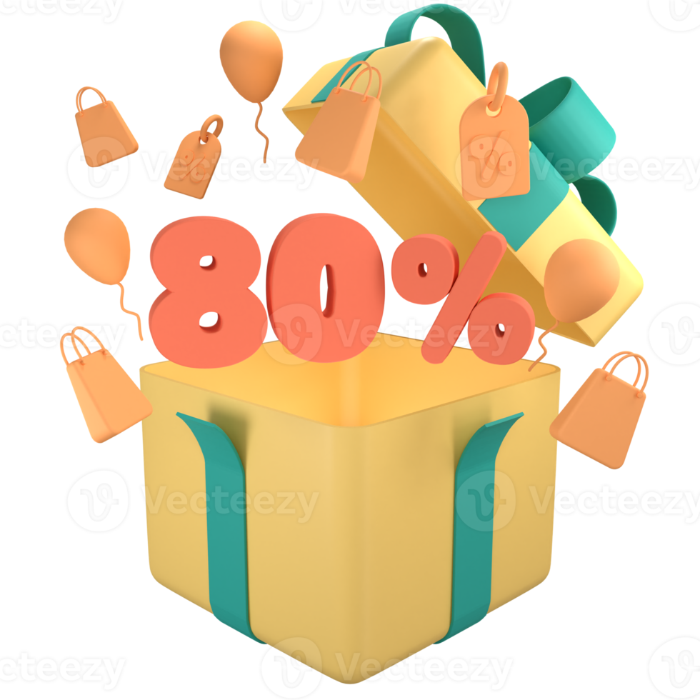 Open gift box with orange 80 percent off discount promotion sale. 3D 5 number with shopping bag, price tag, fly balloon png
