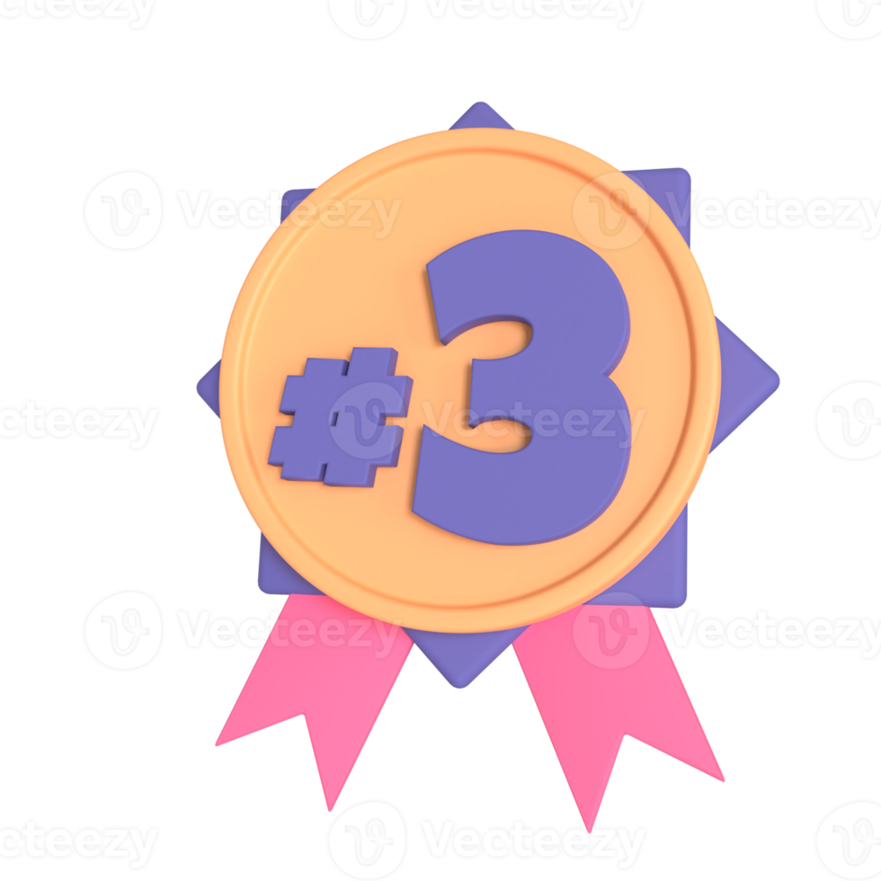 Third medal 3D rendering isolated on transparent background. Ui UX icon design web and app trend png