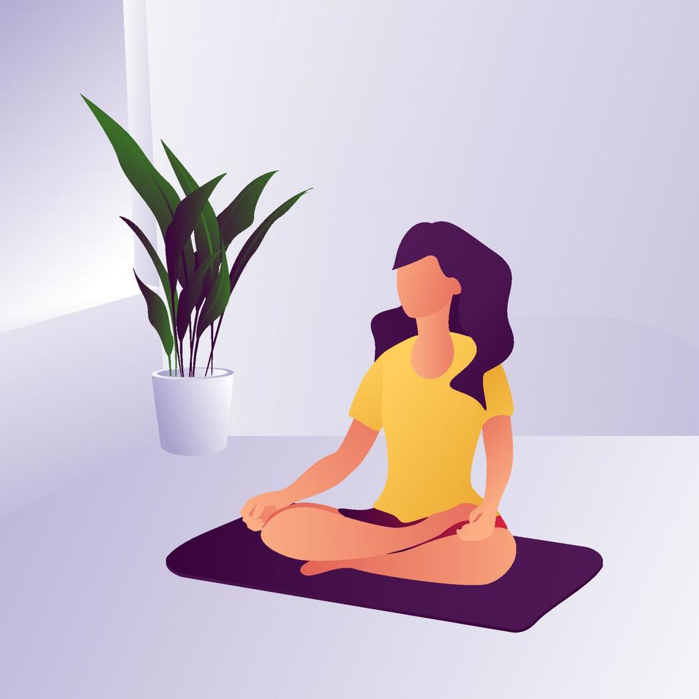 mujer joven sentada en postura de yoga y meditando. chica realizando ejercicios aeróbicos y meditación matutina en casa. práctica física y espiritual. ilustración vectorial en estilo de dibujos animados planos. vector