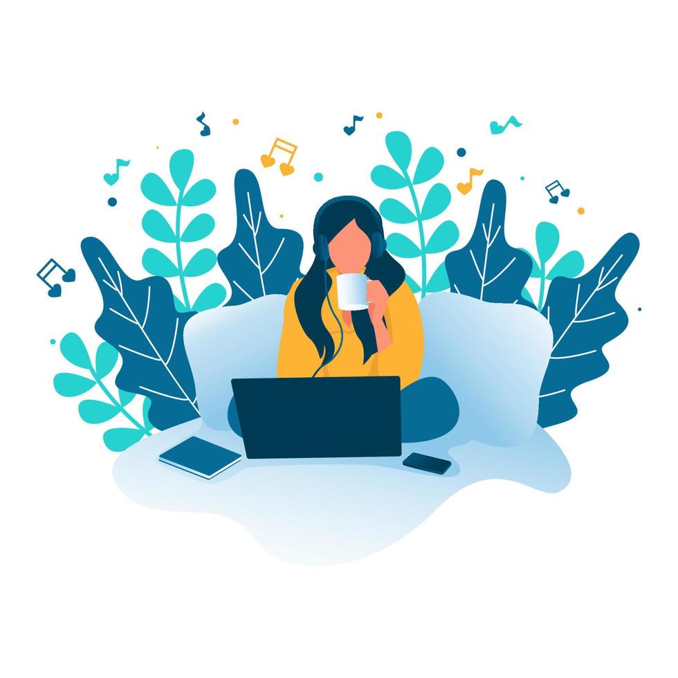 Love Music. A Woman illustration listening to music from laptop while drinking coffee. Quarantine, stay at home concept series - people sitting at their home, room or apartment. vector