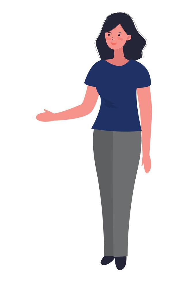 Illustration young woman  showing hand gesture copy space to present or introduce something. Presentation, advertisement, introduce concept illustration in vector cartoon style.