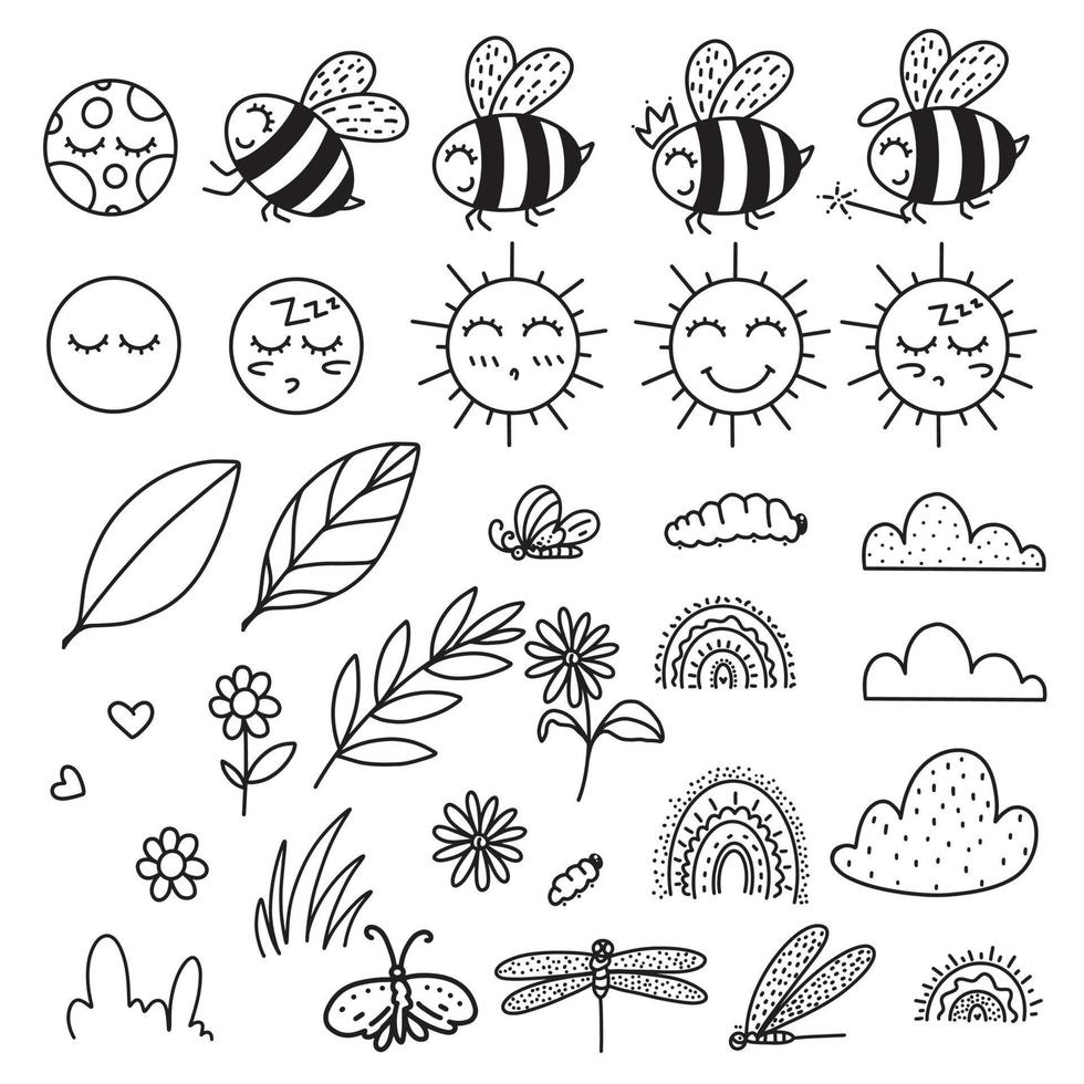 elementos de doodle dibujados a mano de abejas de verano vector