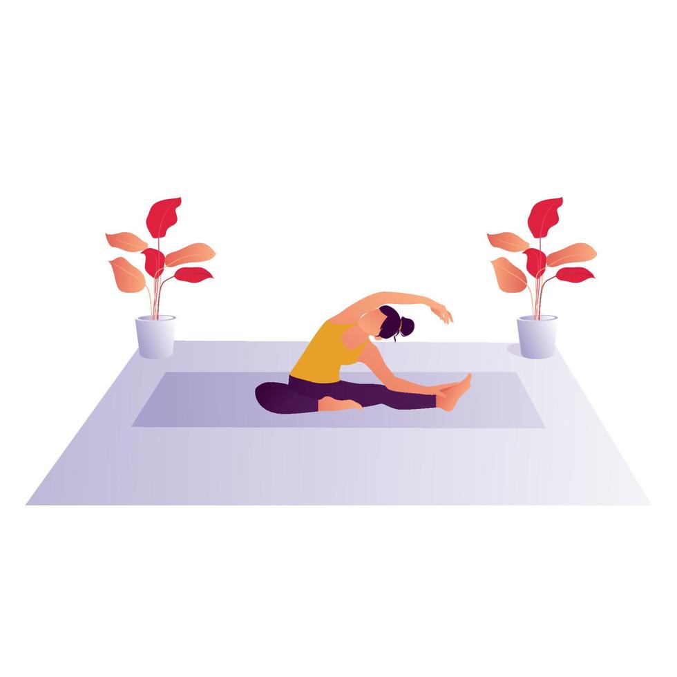 Young woman sitting in yoga posture and meditating. Girl performing aerobics exercise and morning meditation at home. Physical and spiritual practice. Vector illustration in flat cartoon style.