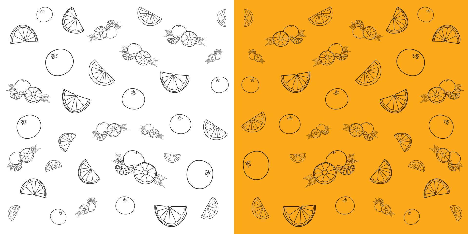 arte de línea vectorial de fruta naranja tropical fresca o patrón de garabato de clementina. garabato de color negro sobre fondo naranja y blanco. vector
