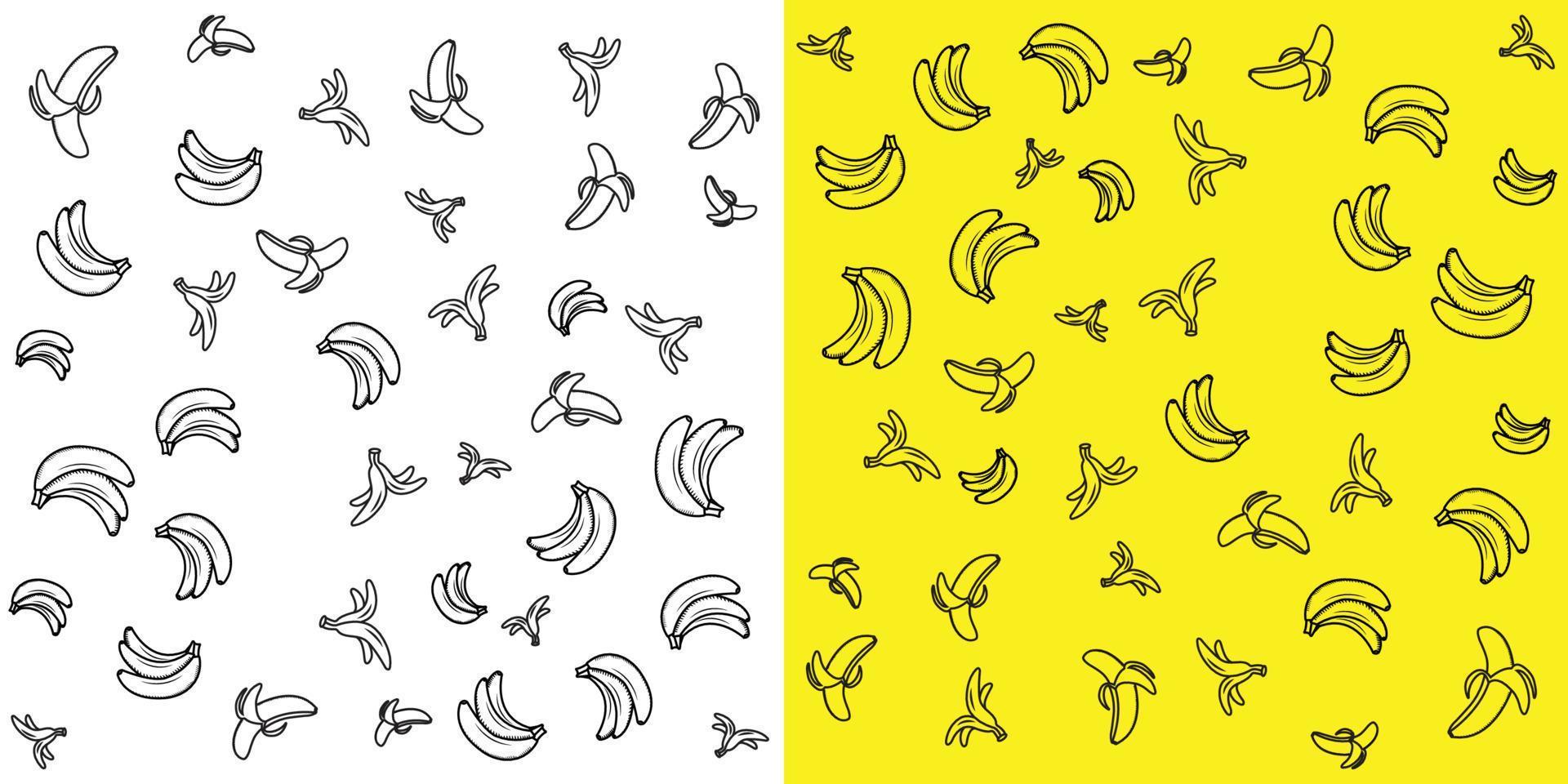 plátanos de arte de línea sobre fondo amarillo y blanco. vector pattern.banana garabato ilustración. icono de producto alimenticio de plátano.