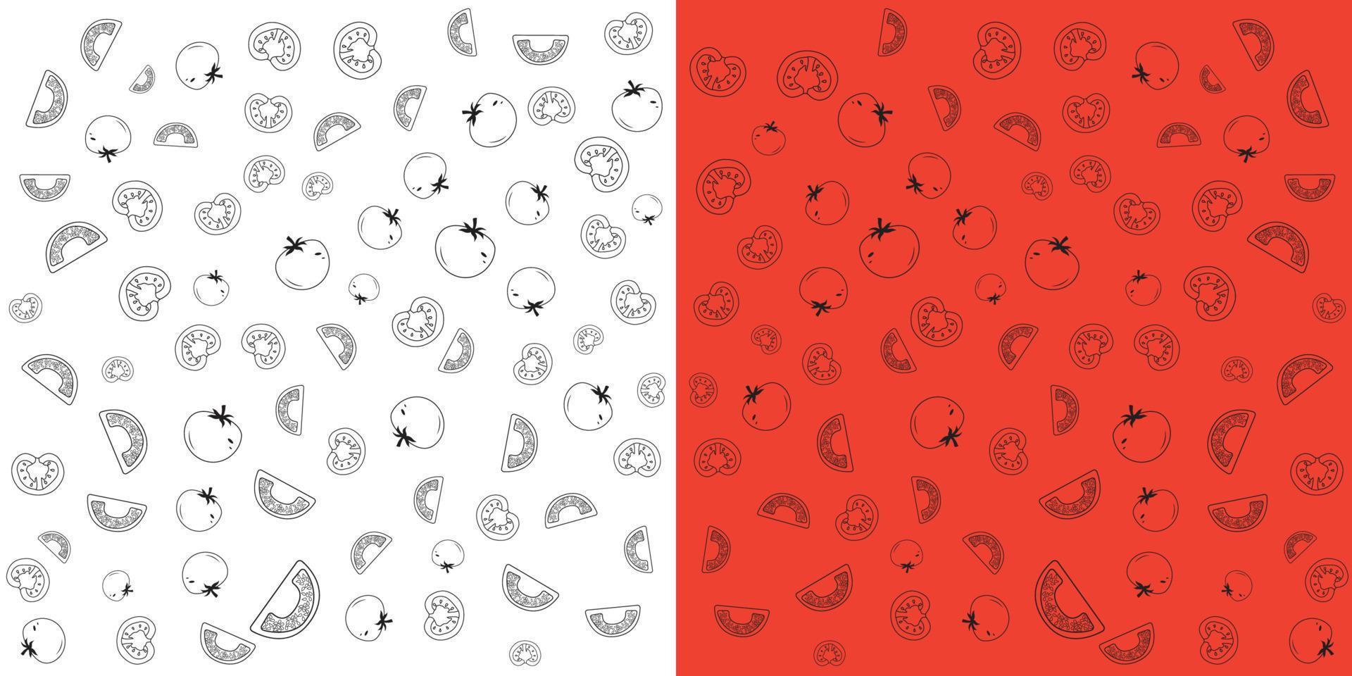 tomato doodle pattern vector illustration.  Tomato slices  isolated on red and white background.