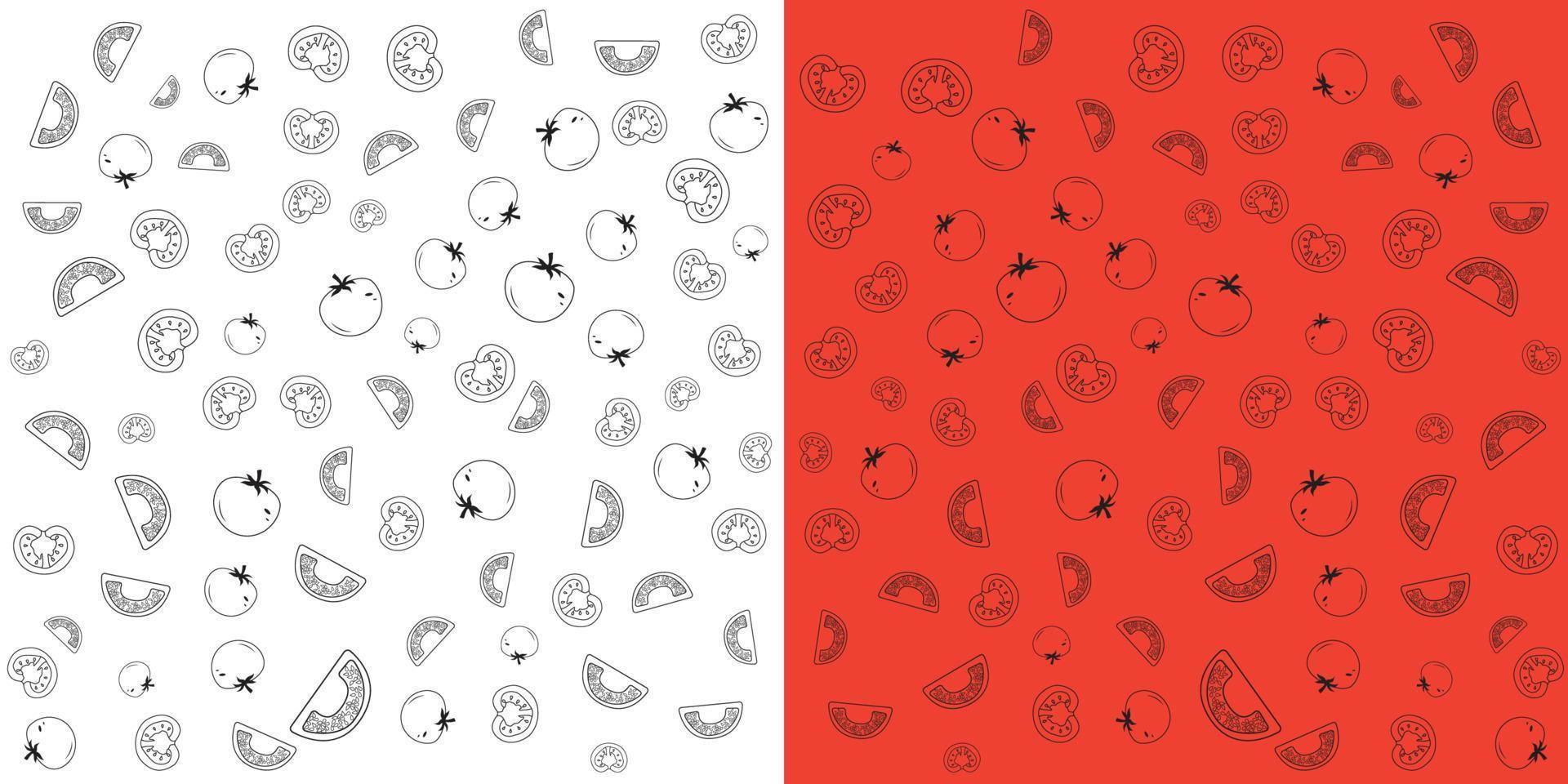 Ilustración de vector de patrón de garabato de tomate. rodajas de tomate aisladas sobre fondo rojo y blanco.