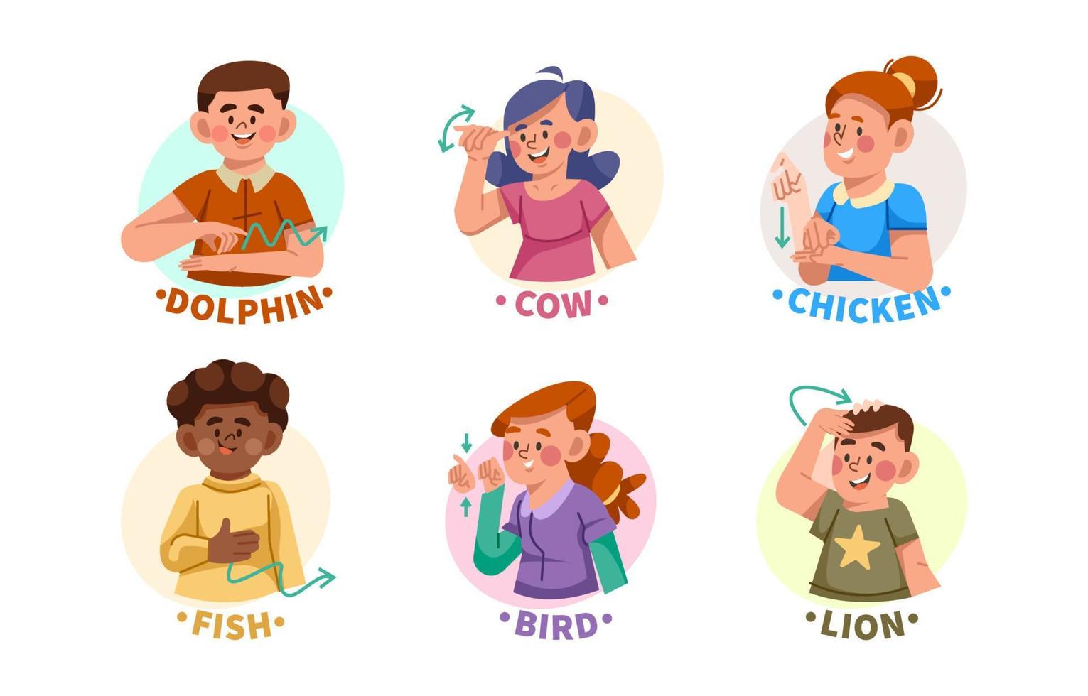 Collection of Characters Demonstrating ASL Language About Animals vector