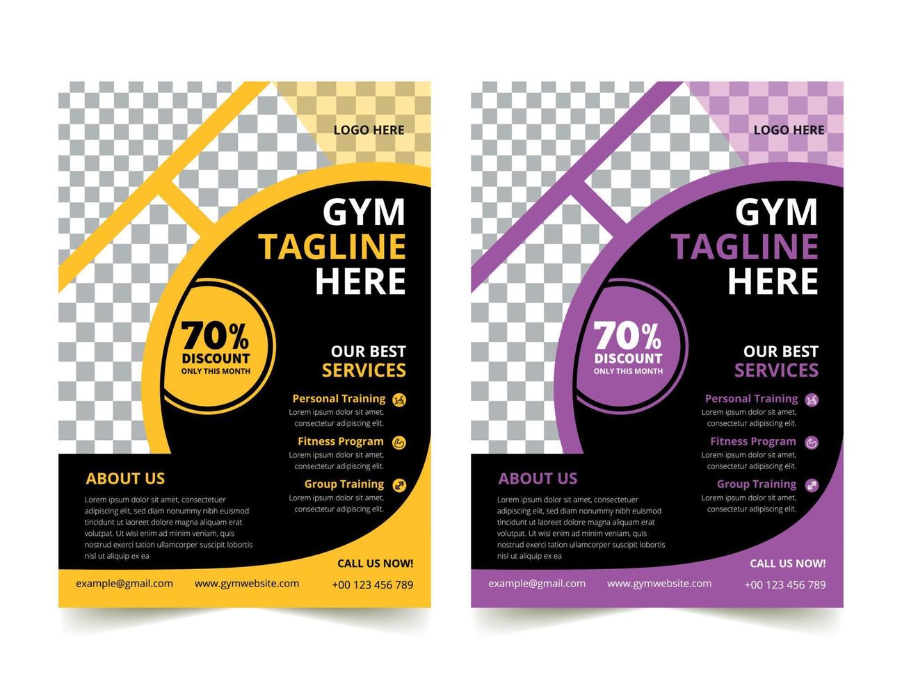 Business Gym Fitness Flyer yellow and purple color design corporate template design for annual report company leaflet cover Free Vector