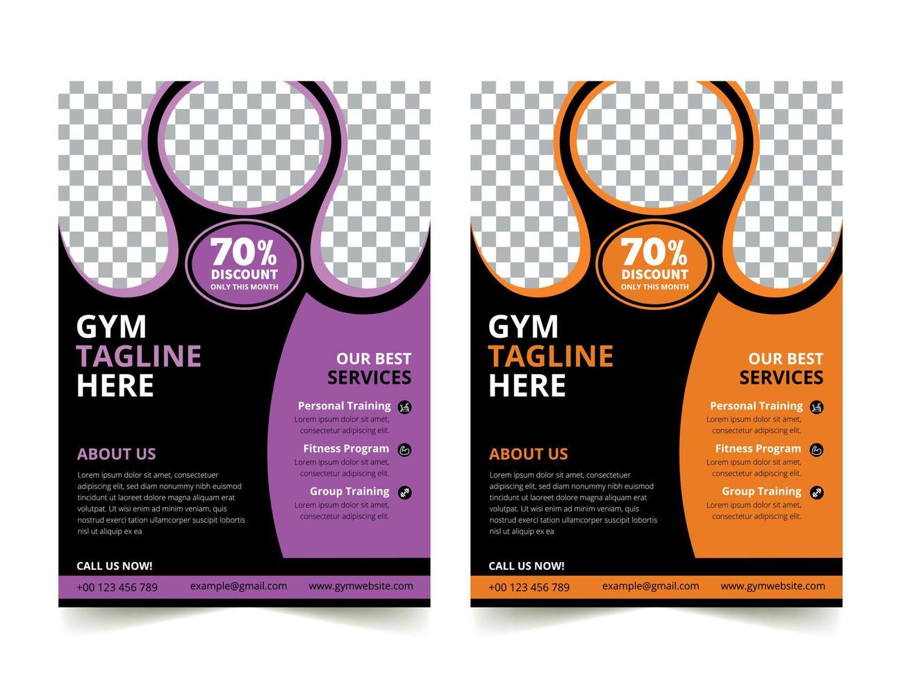 Business Gym Fitness Flyer yellow and purple color design corporate template design for annual report company leaflet cover Free Vector