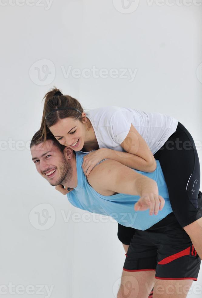 happy young couple fitness workout and fun photo