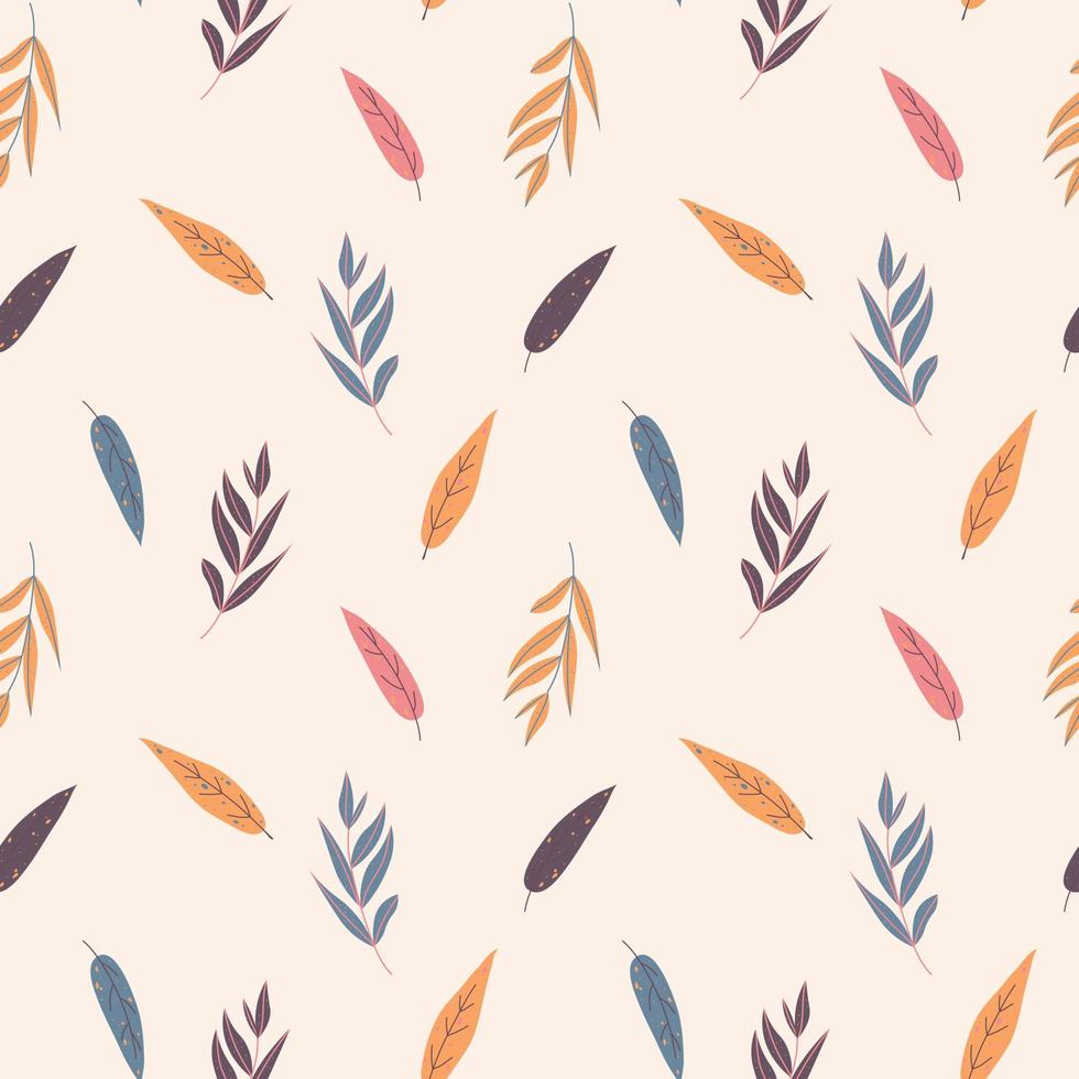 Seamless autumnal pattern of simple leaves on a beige background in warm palette. For textile, wrapper, background. vector