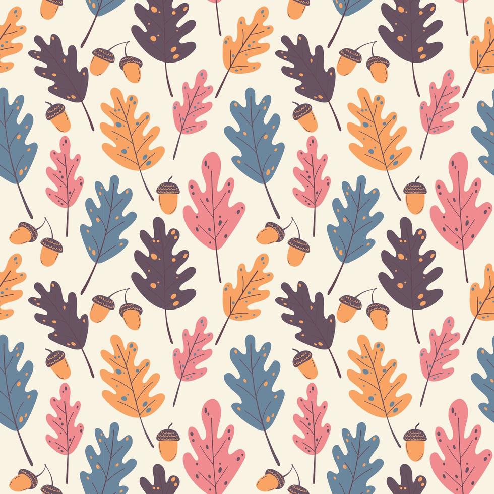 Seamless autumnal pattern of acorns and oak leaves on a beige background in warm palette. For textile, wrapper, background. vector