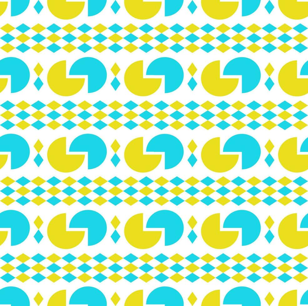 patrón sin costuras, forma de pastel y forma de diamante, fondo amarillo y azul y blanco. vector